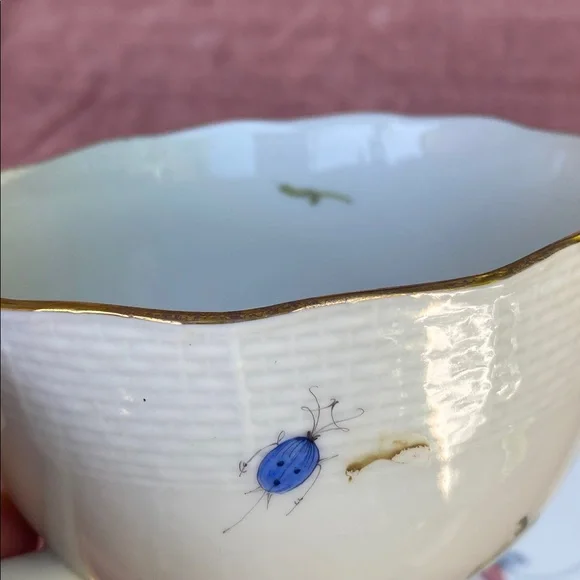 Herend Handpainted fruit and flora large tea cup and saucer plate. Antique Dining